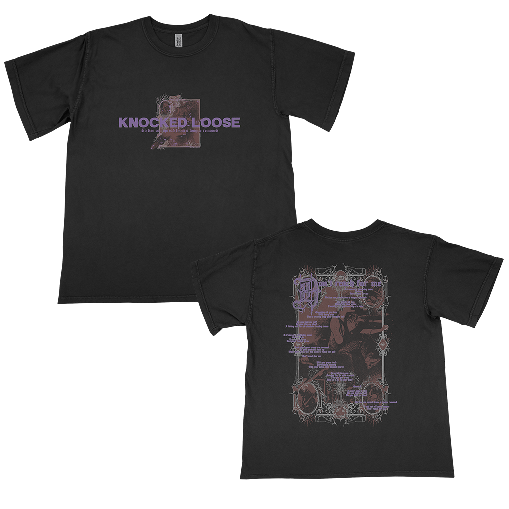 Knocked Loose's "Tongue Removed" design, printed on the front and back of a black American Apparel/Alstyle tee.