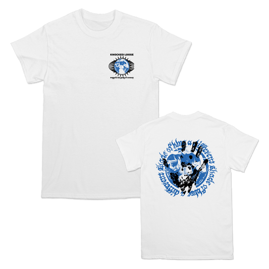 Missed the chance to grab this at the show? Pick it up here while you can. Only available in Small, Medium, Large and X-Large.  Knocked Loose's "Trapped Hand Circle" design, printed on the front and back of a white Alstyle Apparel tee.  Tee features include: 6 oz. 100% preshrunk cotton, set-in rib collar with shoulder-to-shoulder taping, seamless double needle 7/8” collar, double-needle sleeve and bottom hem, and a tearaway label.