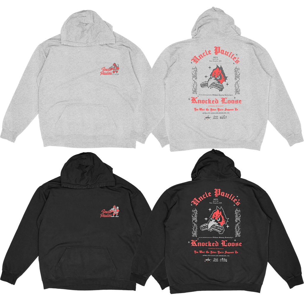 Knocked Loose's collab with Uncle Paulies brings you a Champion Pull Hood, printed on the front and back. Choice of Heather Grey or Black.