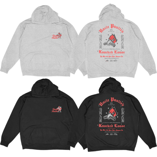Knocked Loose's collab with Uncle Paulies brings you a Champion Pull Hood, printed on the front and back. Choice of Heather Grey or Black.