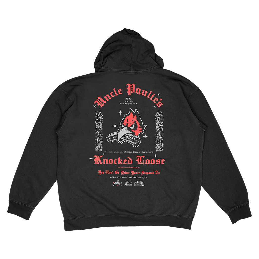 Knocked Loose's collab with Uncle Paulies brings you a Champion Pull Hood, printed on the front and back. Choice of Heather Grey or Black.