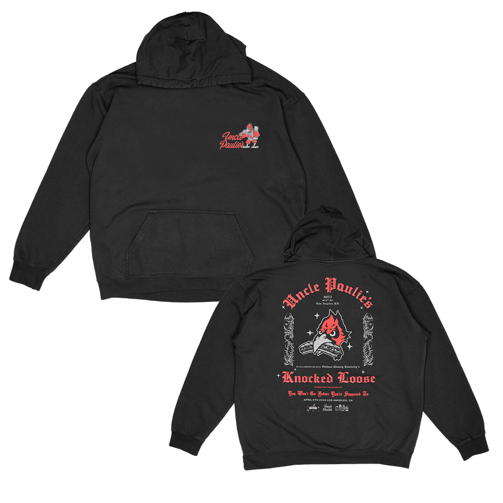 Knocked Loose's collab with Uncle Paulies brings you a Champion Pull Hood, printed on the front and back. Choice of Heather Grey or Black.