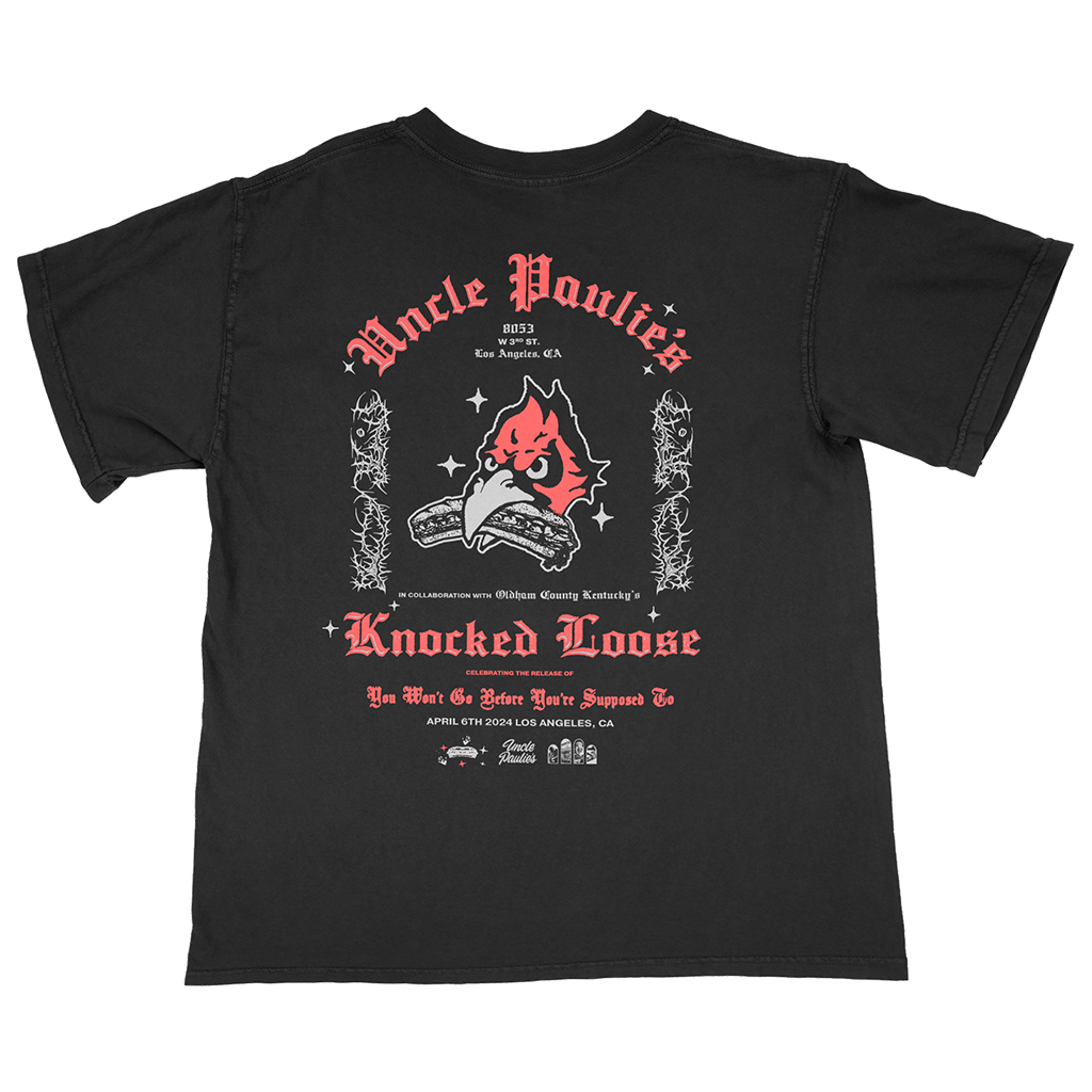 Knocked Loose's collab with Uncle Paulies brings you a crafted design, printed on the front and back of a Comfort Colors tee.