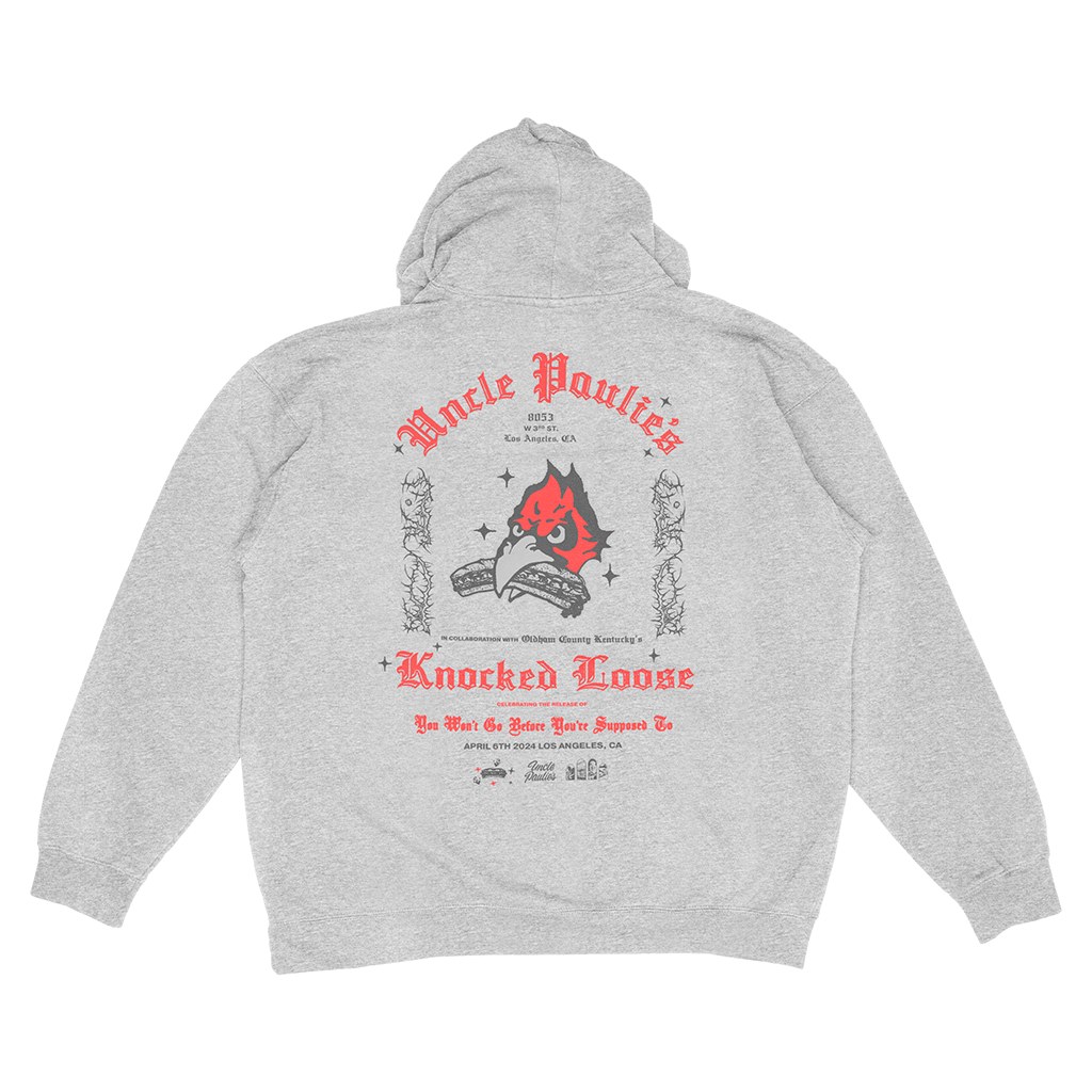 Knocked Loose's collab with Uncle Paulies brings you a Champion Pull Hood, printed on the front and back. Choice of Heather Grey or Black.