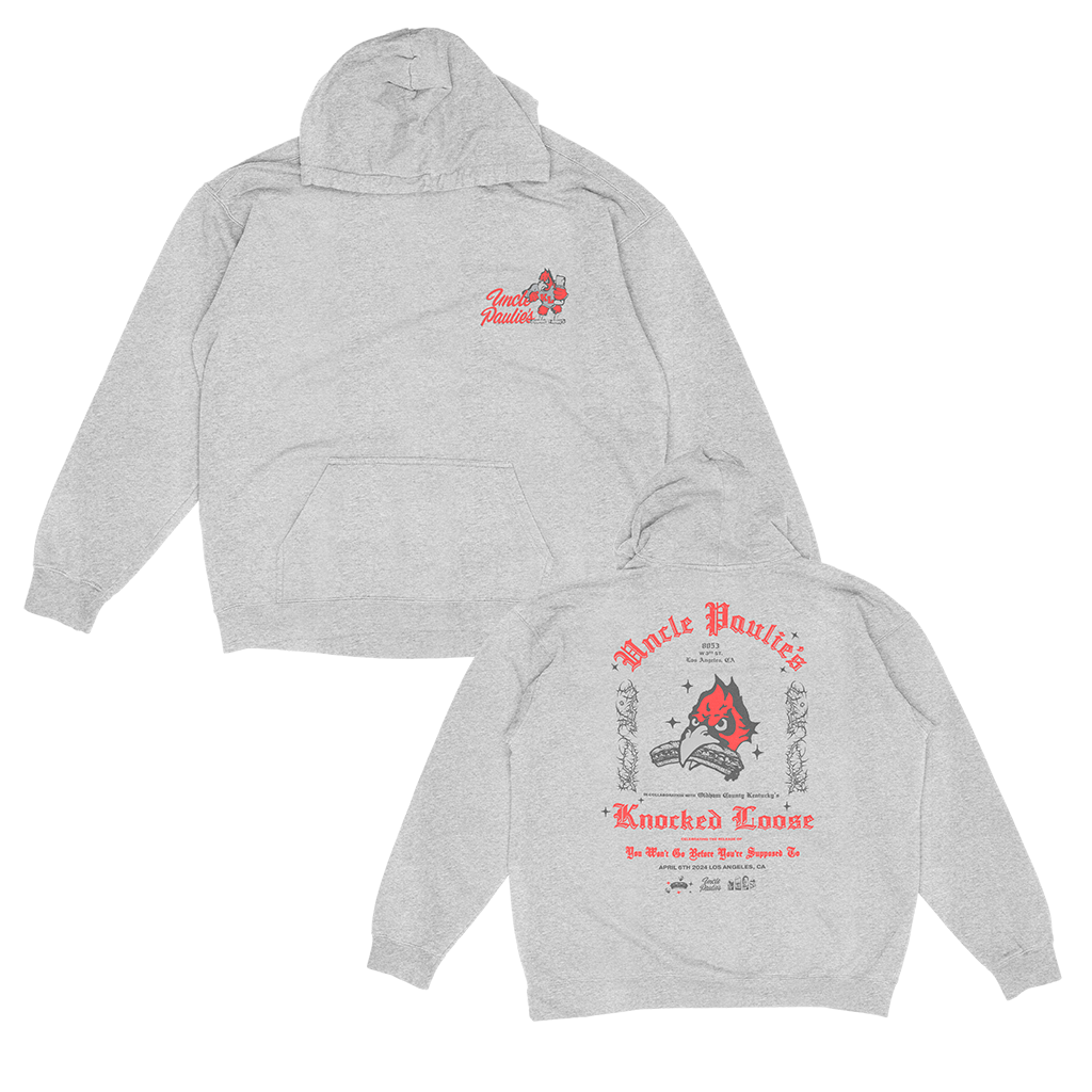 Knocked Loose's collab with Uncle Paulies brings you a Champion Pull Hood, printed on the front and back. Choice of Heather Grey or Black.