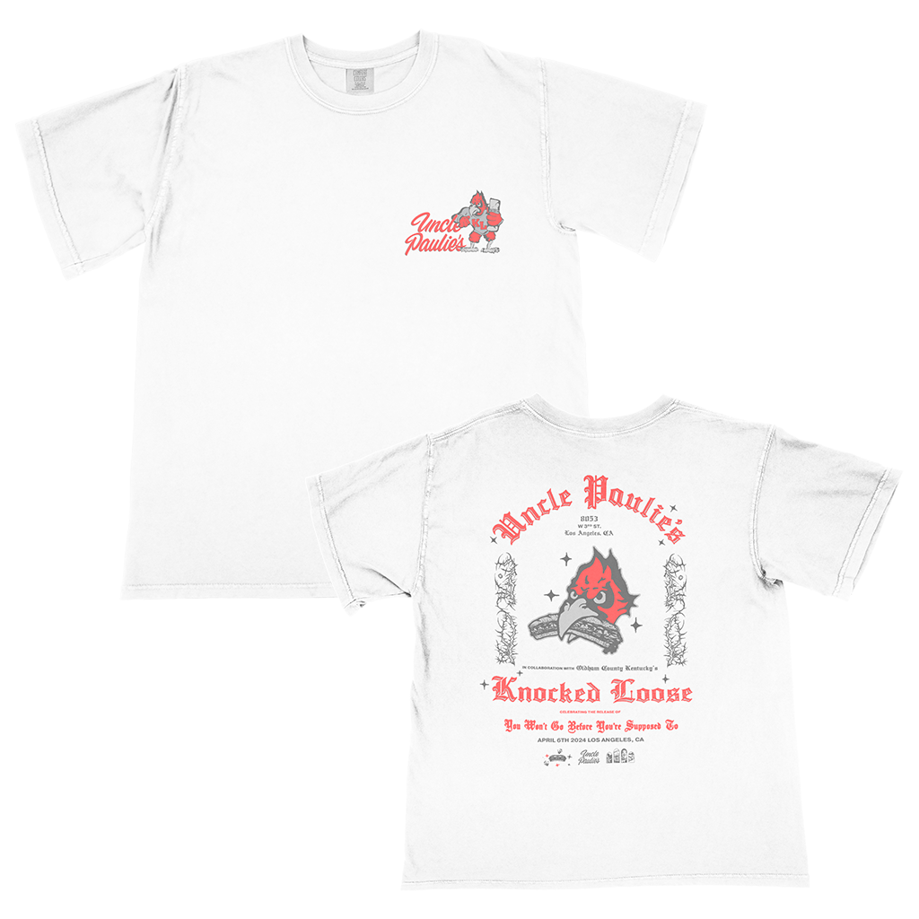 Knocked Loose's collab with Uncle Paulies brings you a crafted design, printed on the front and back of a Comfort Colors tee.