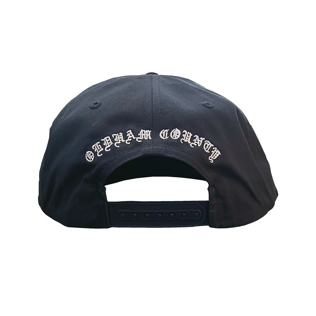 Knocked Loose's "Varsity Arch" design embroidered on the front and back of a navy Yupoong Snapback.