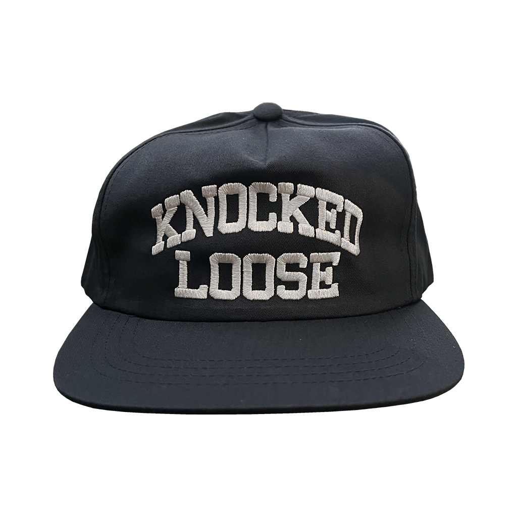 Knocked Loose's "Varsity Arch" design embroidered on the front and back of a navy Yupoong Snapback.