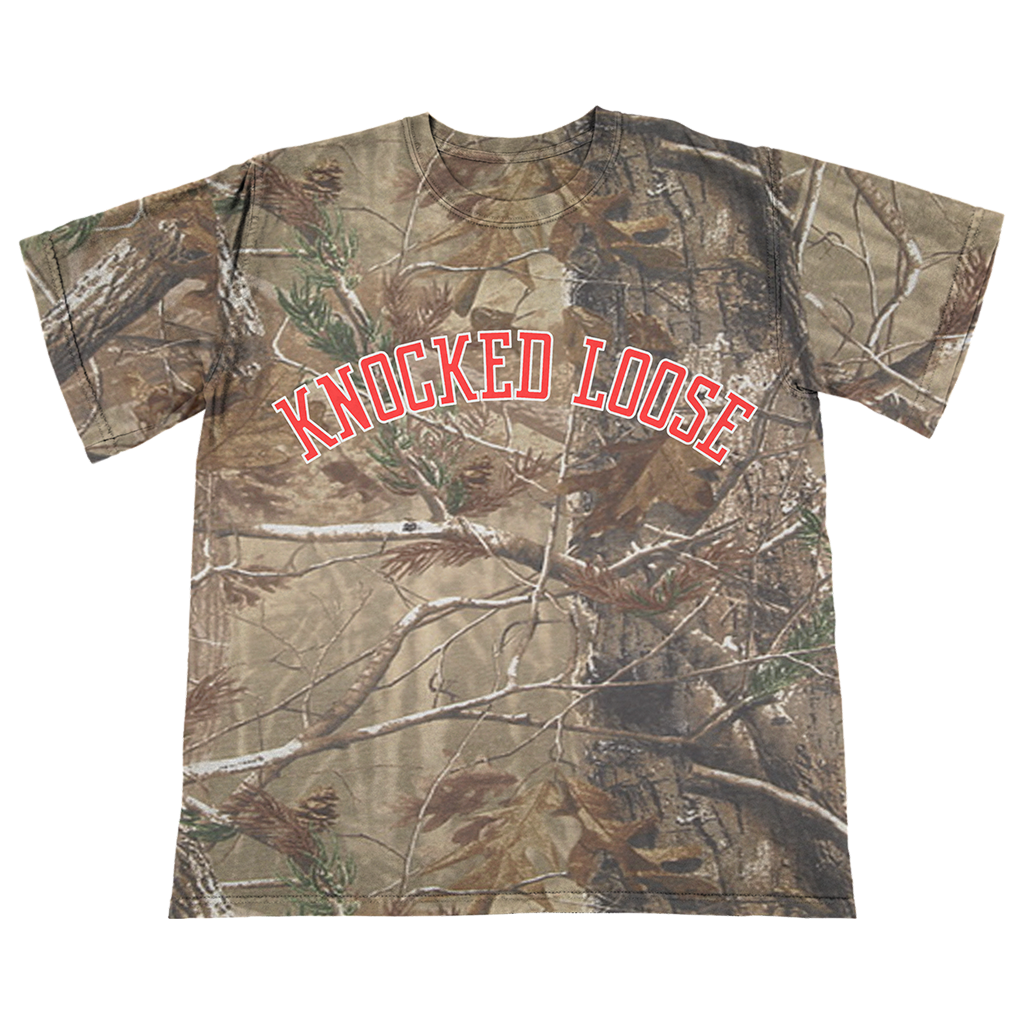 Knocked Loose's "Varsity Arch" design, printed on the front and back of a Real Tree Camo Tee.