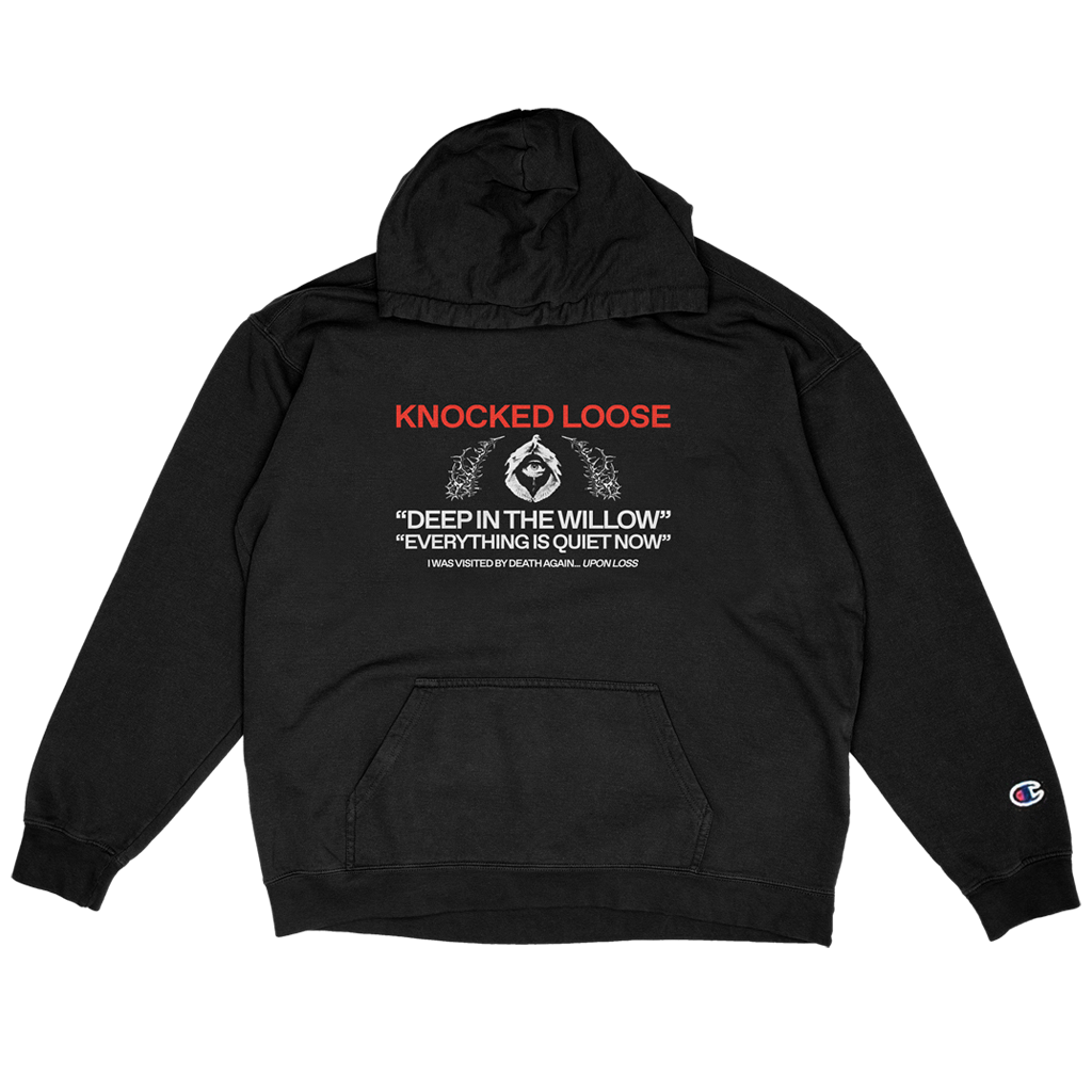 Knocked Loose's "Visited By Death Again" design, printed on the front and back of a black Champion brand pullover hooded sweatshirt.