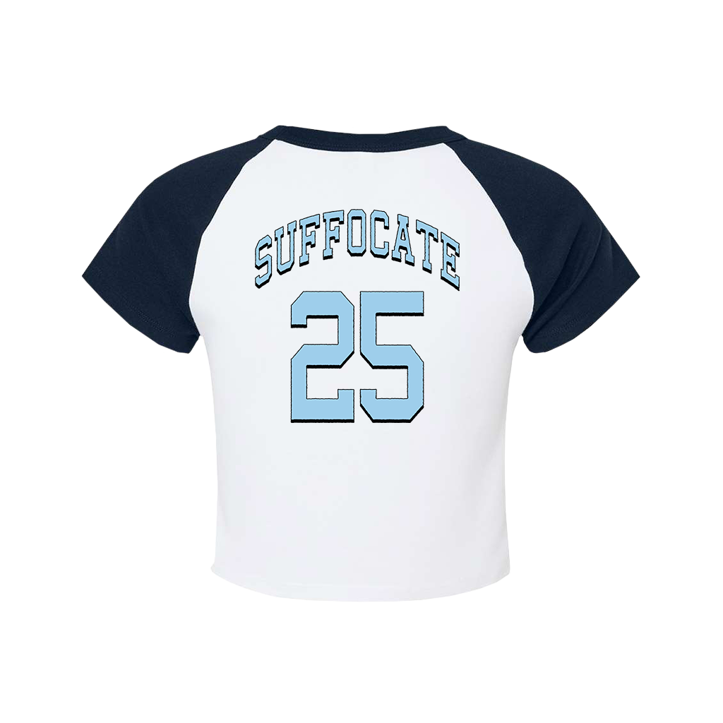 Knocked Loose's "Wild Cat" design, printed on the front and back of a white and black color LA Apparel raglan crop top.