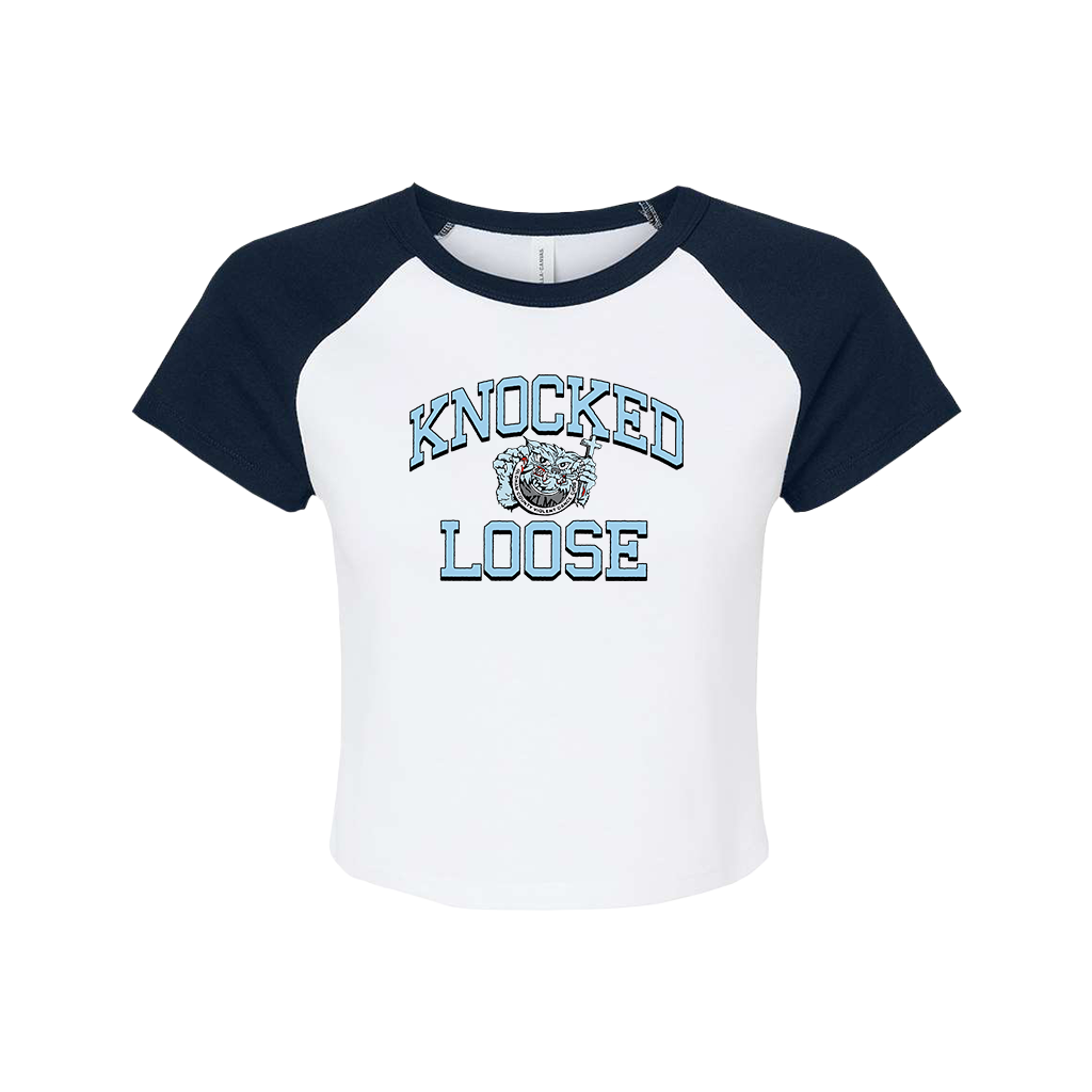 Knocked Loose's "Wild Cat" design, printed on the front and back of a white and black color LA Apparel raglan crop top.