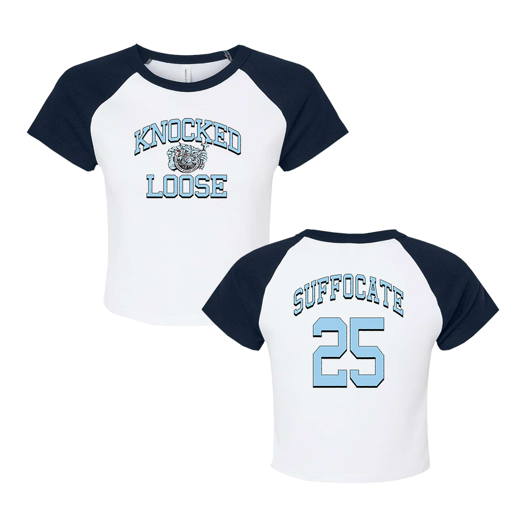 Knocked Loose's "Wild Cat" design, printed on the front and back of a white and black color LA Apparel raglan crop top.