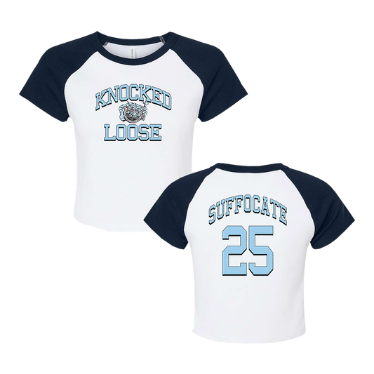 Knocked Loose's "Wild Cat" design, printed on the front and back of a white and black color LA Apparel raglan crop top.