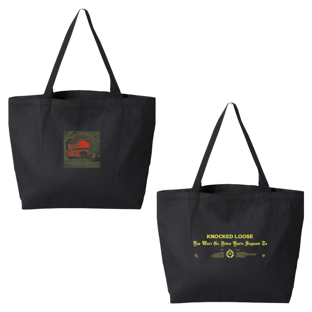 Knocked Loose's "You're Supposed To" design, printed on the front and back of a black tote bag.