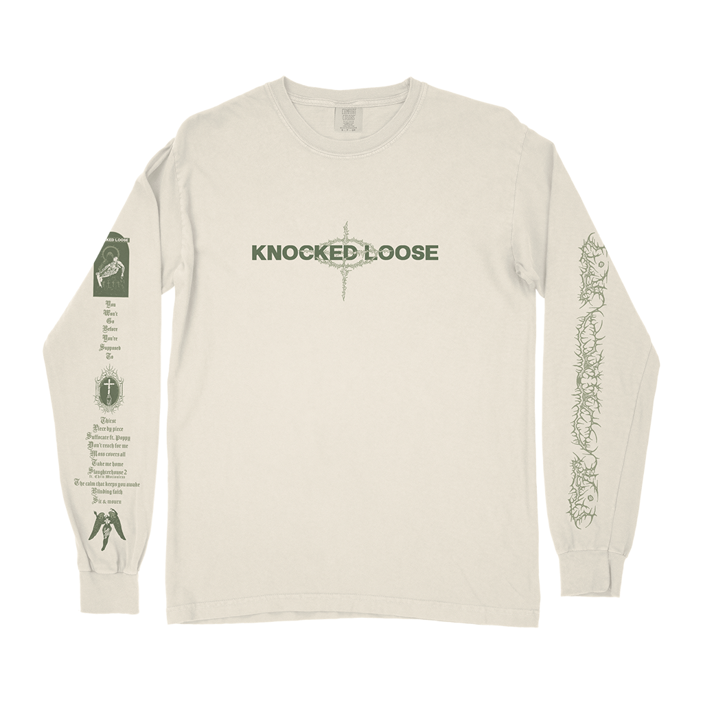 Knocked Loose's "You're Supposed To" design, printed on the front, back, and both sleeves of an ivory Comfort Colors long sleeve shirt.