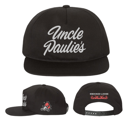 Knocked Loose's collab with Uncle Paulies brings you an embroidered front, side and back of a black Yupoong Snapback.