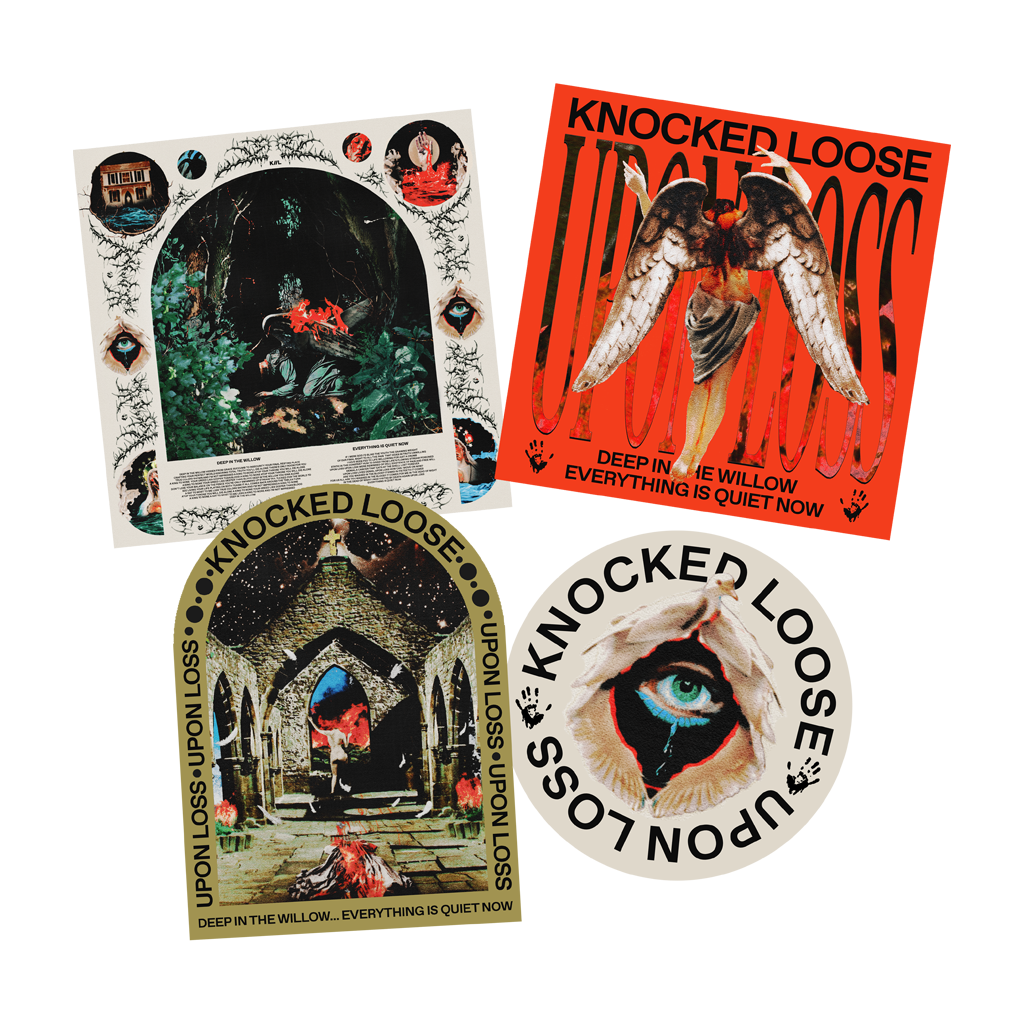 Knocked Loose's Sticker Pack including 4 stickers of different designs.  Sticker sizes are 4x4 (2), 5x5, and 4x5.25.