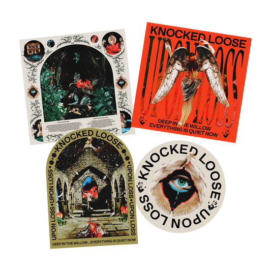 Knocked Loose's Sticker Pack including 4 stickers of different designs.  Sticker sizes are 4x4 (2), 5x5, and 4x5.25.